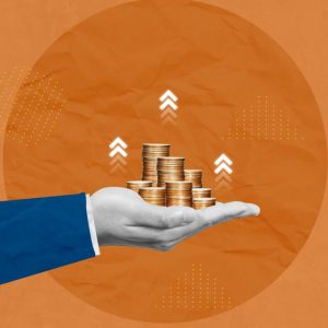 Investment, finance, saving money and business strategy concept Creative art collage of A human hand show a coins stack growing business Indicating business profits or successful Investment